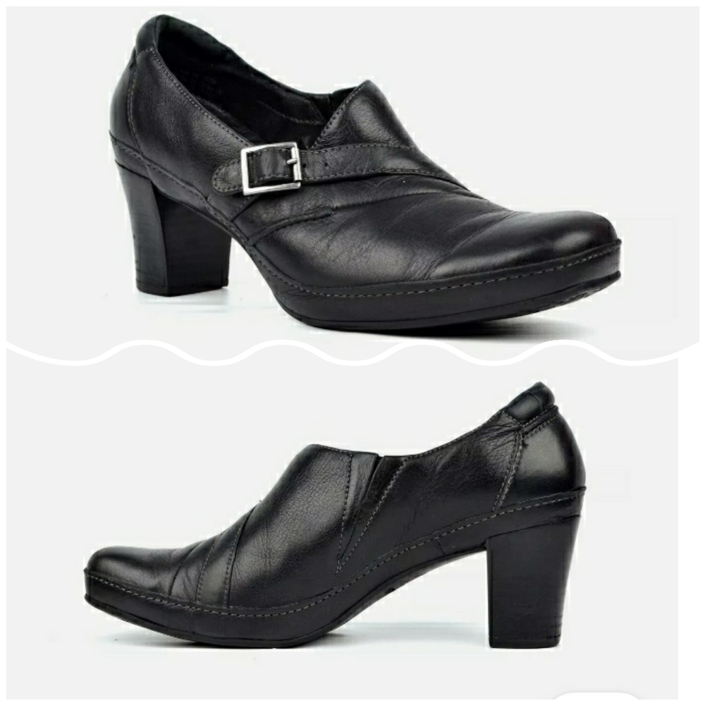 Clarks Artisan UTICA Shootie Pumps Womens Comfy Black Leather 2.5" Heel, Sz 9.5W